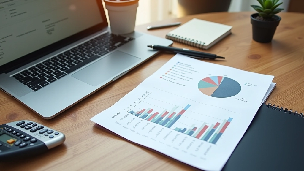 Finanzielle Planung und Vermögensschutz im modernen Büro mit Taschenrechner und Diagrammen